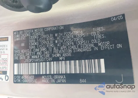 2005 Toyota Highlander V6 z USA, uszkodzony, nr VIN JTEDP21AX50077249